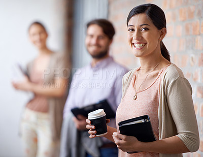 Buy stock photo Businesswoman, coffee and portrait with smile by office building with colleagues, teamwork and collaboration. Professional people, work and face of woman with happiness for startup, job and career