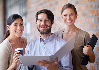 Buy stock photo Portfolio, teamwork or portrait of happy people in office for planning, partnership or conversation. Man, smile or women in meeting for business, collaboration and speaking of file or reading folder
