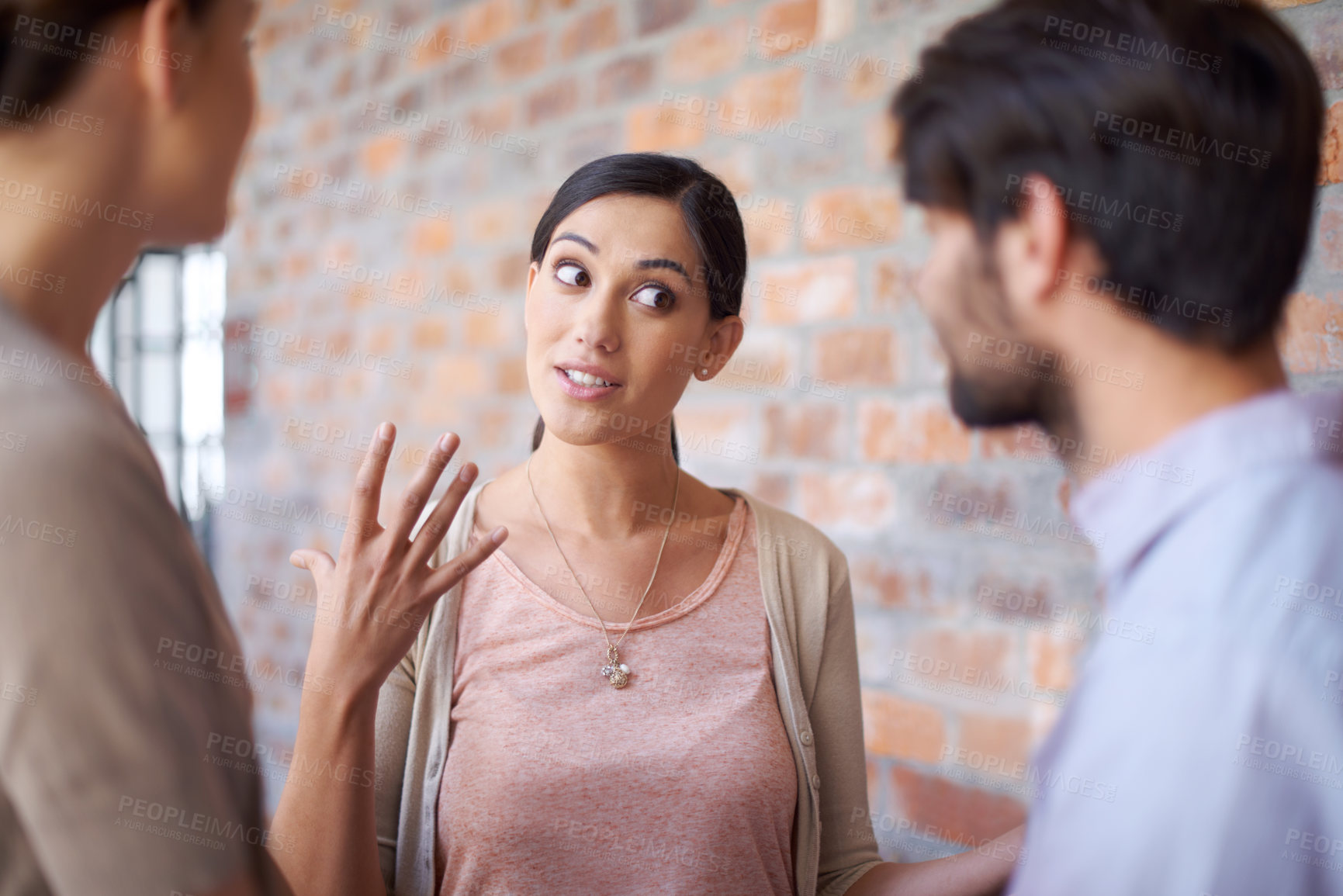 Buy stock photo Conversation, group or business people in meeting for discussion, networking or talking in workplace. Collaboration, company ideas or woman speaking of planning, brainstorming or teamwork in office 