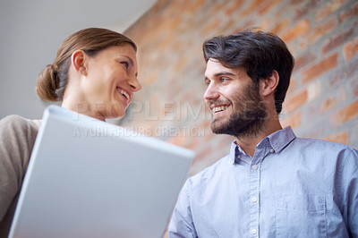 Buy stock photo Coworkers, discussion and startup with office, file and smile with teamwork and happiness. Employees, collaboration and work for career, entrepreneurship and talking with businessman and agency