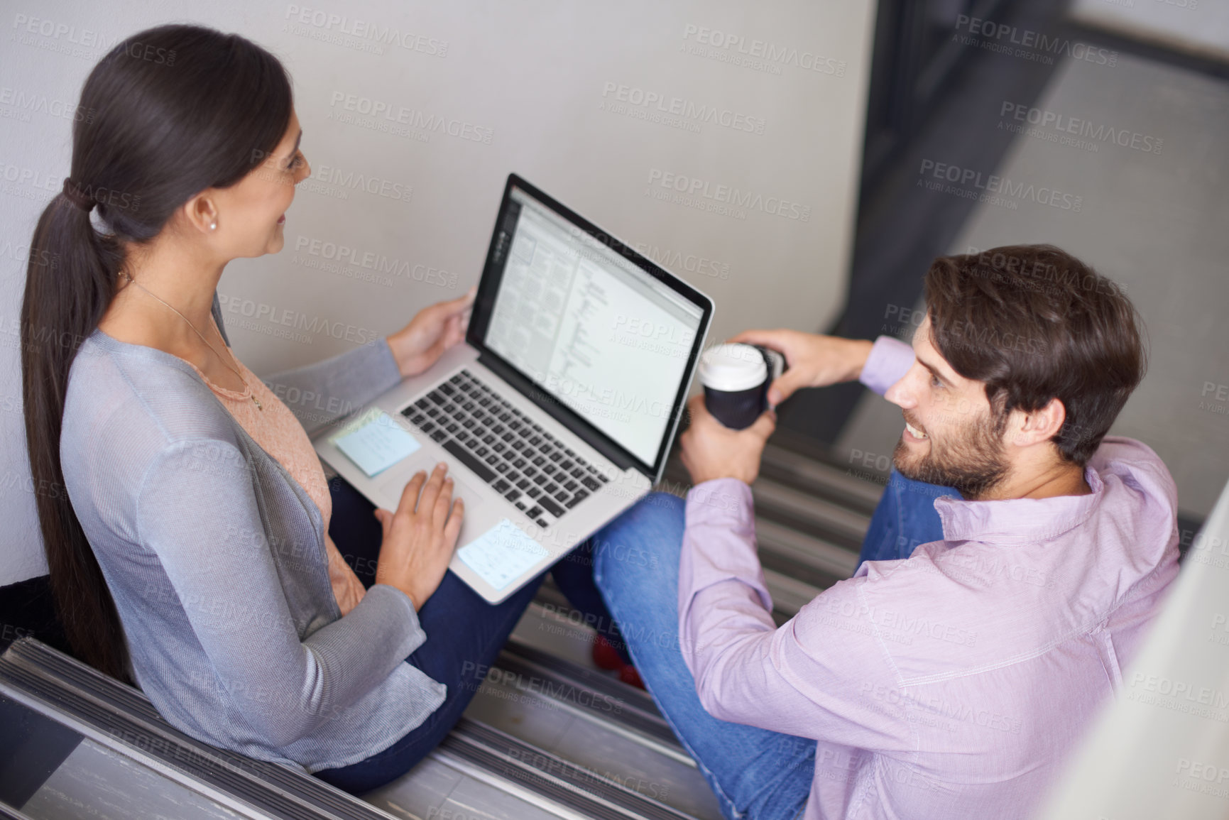 Buy stock photo Research, teamwork or employees steps with laptop for online project on website together. Coffee, smile or colleagues with technology for news, business or meeting to update the software on stairs