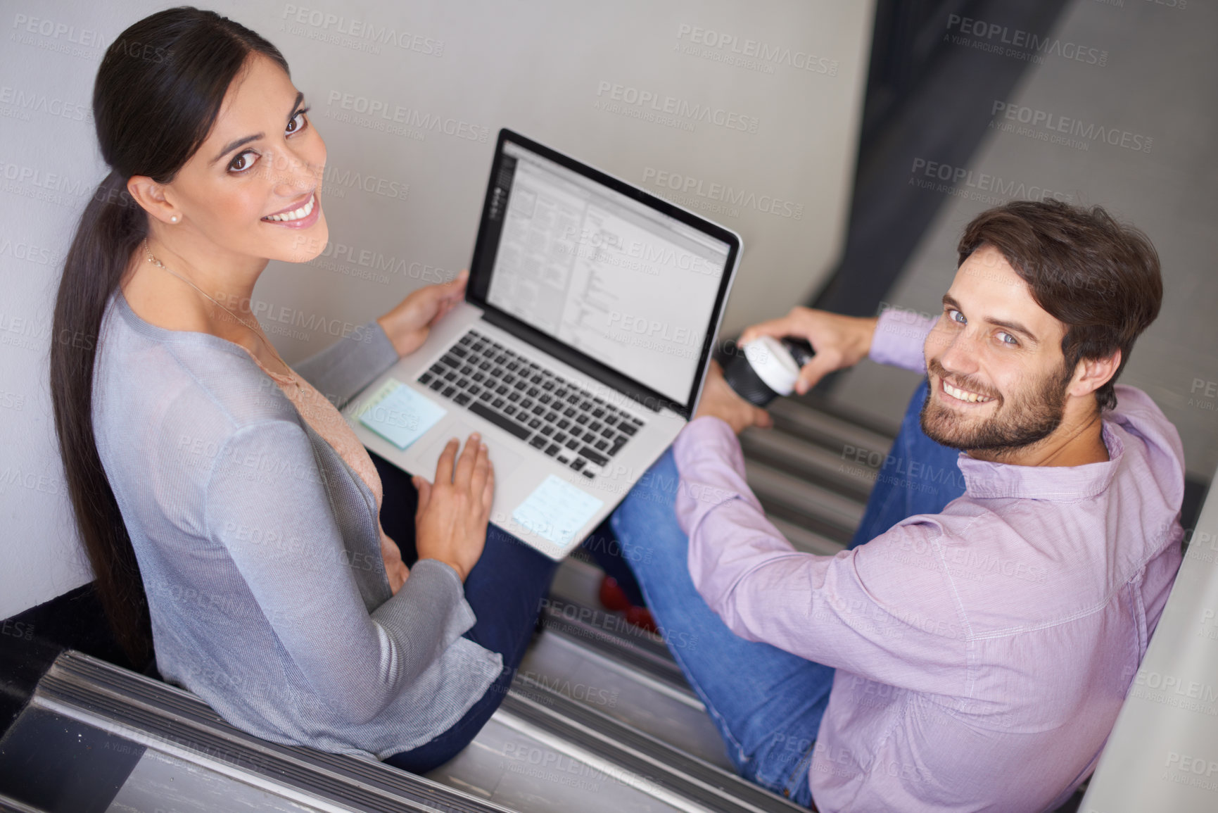 Buy stock photo Portrait, teamwork or employees steps with laptop for online project on website for research. Coffee drink, smile or colleagues with technology for news, report or web design to update app software