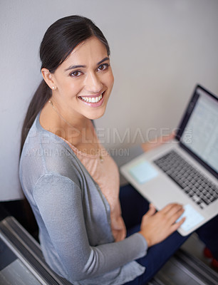 Buy stock photo Research, portrait or happy woman on steps with laptop for online course or learning in university. Education, smile or proud female college student with technology for news, project or web design
