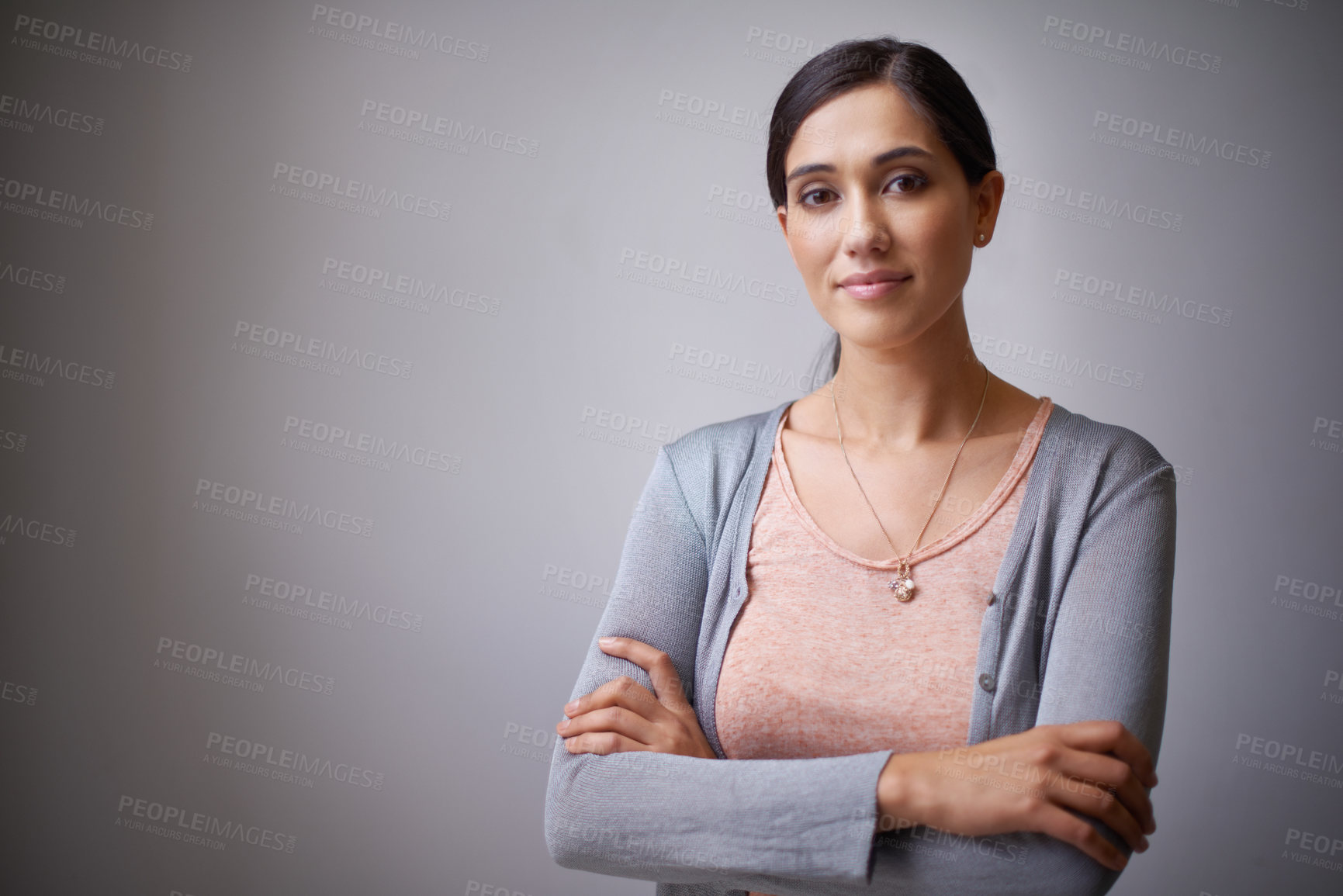 Buy stock photo Space, designer or portrait of woman in studio with arms crossed, business or confidence. Creative person, employee or proud entrepreneur with startup, project or mockup isolated on grey background