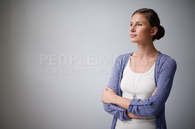 Buy stock photo Space, designer or woman thinking in studio with arms crossed, creative plan or confidence. Brainstorming, employee or proud entrepreneur with vision or ideas or mockup isolated on grey background