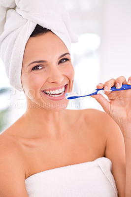 Buy stock photo Portrait, woman and toothbrush with smile for dental health, whitening and healthy teeth at home. Happy, female person and mouth for oral, hygiene and fresh breath with brushing and cleaning