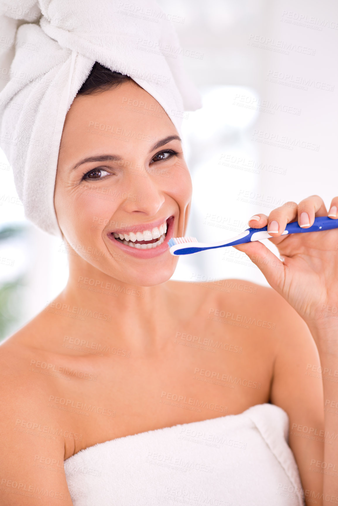 Buy stock photo Portrait, woman and toothbrush with smile for dental health, whitening and healthy teeth at home. Happy, female person and mouth for oral, hygiene and fresh breath with brushing and cleaning