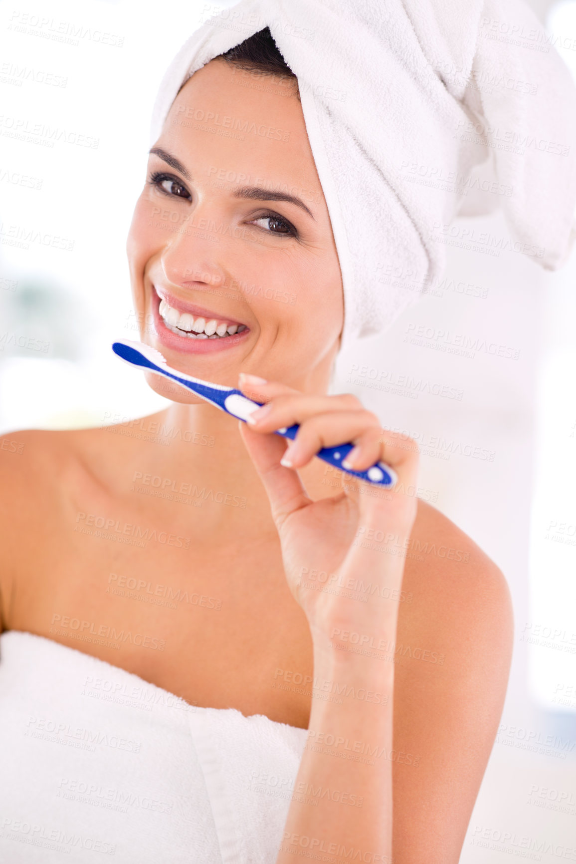 Buy stock photo Portrait, woman and brushing teeth with toothbrush for whitening, dental health and oral hygiene. Smile, female person and care for healthy, mouth and fresh breath with brushes and cleaning at home