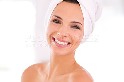 Buy stock photo Happy woman, portrait and beauty with spa, facial treatment or skincare for hygiene at home. Face of female person or model with smile in satisfaction for cosmetology or dermatology on mockup space