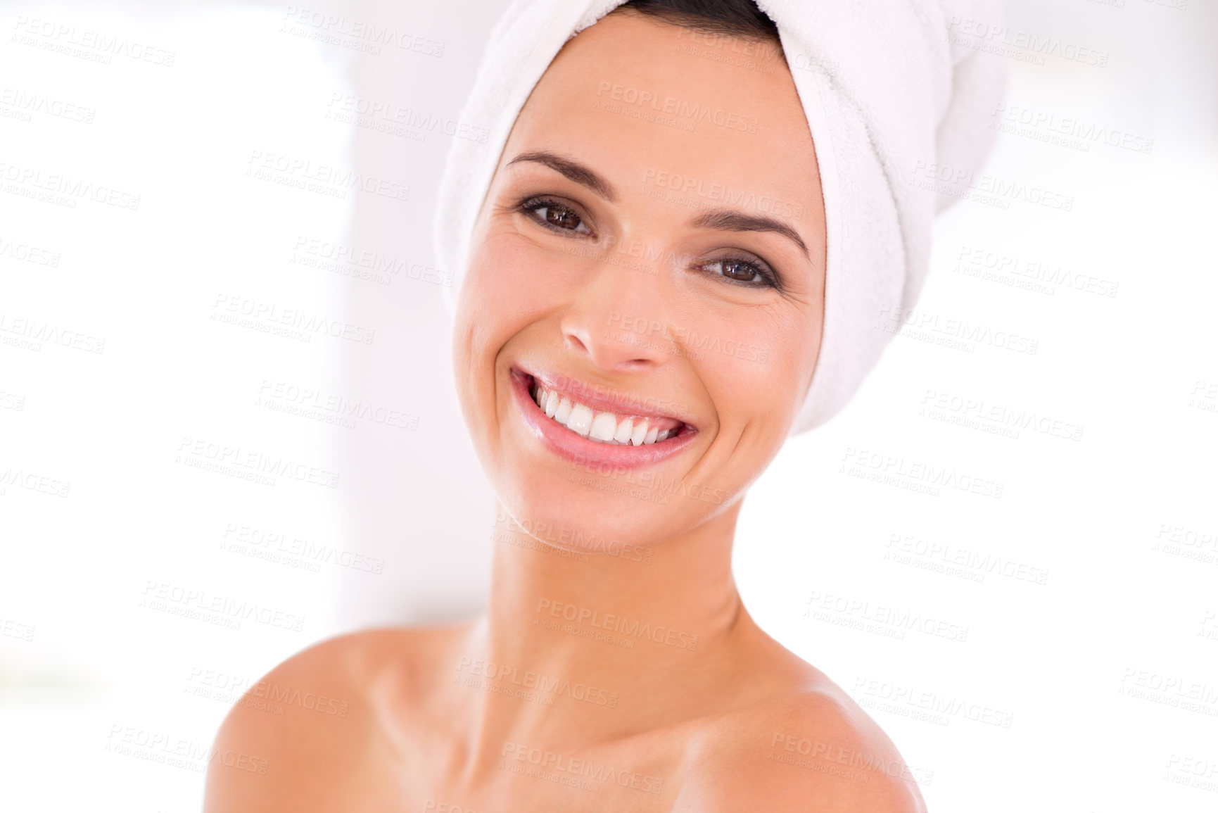 Buy stock photo Happy woman, portrait and beauty with spa, facial treatment or skincare for hygiene at home. Face of female person or model with smile in satisfaction for cosmetology or dermatology on mockup space