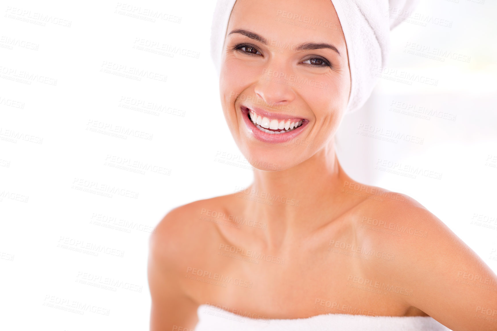 Buy stock photo Happy woman, portrait and teeth in dental care, skincare or beauty spa for facial treatment or hygiene at home. Face of female person or model smile in satisfaction for dermatology on mockup space