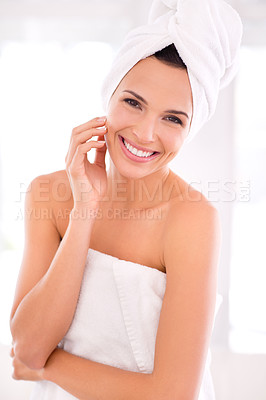 Buy stock photo Hair towel, happy and portrait of woman with skincare, cosmetics and shower in bathroom for hygiene. Beauty, treatment and female person with smile for morning routine, dermatology and wellness
