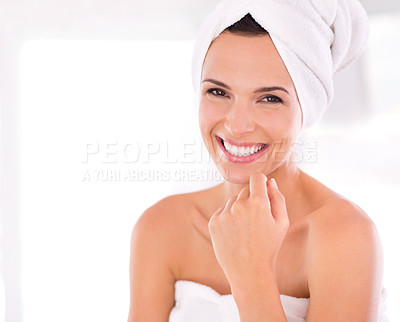 Buy stock photo Happy woman, portrait and skincare with beauty for spa, facial treatment or hygiene at home. Face of female person or model with smile in satisfaction for dermatology or cosmetology on mockup space