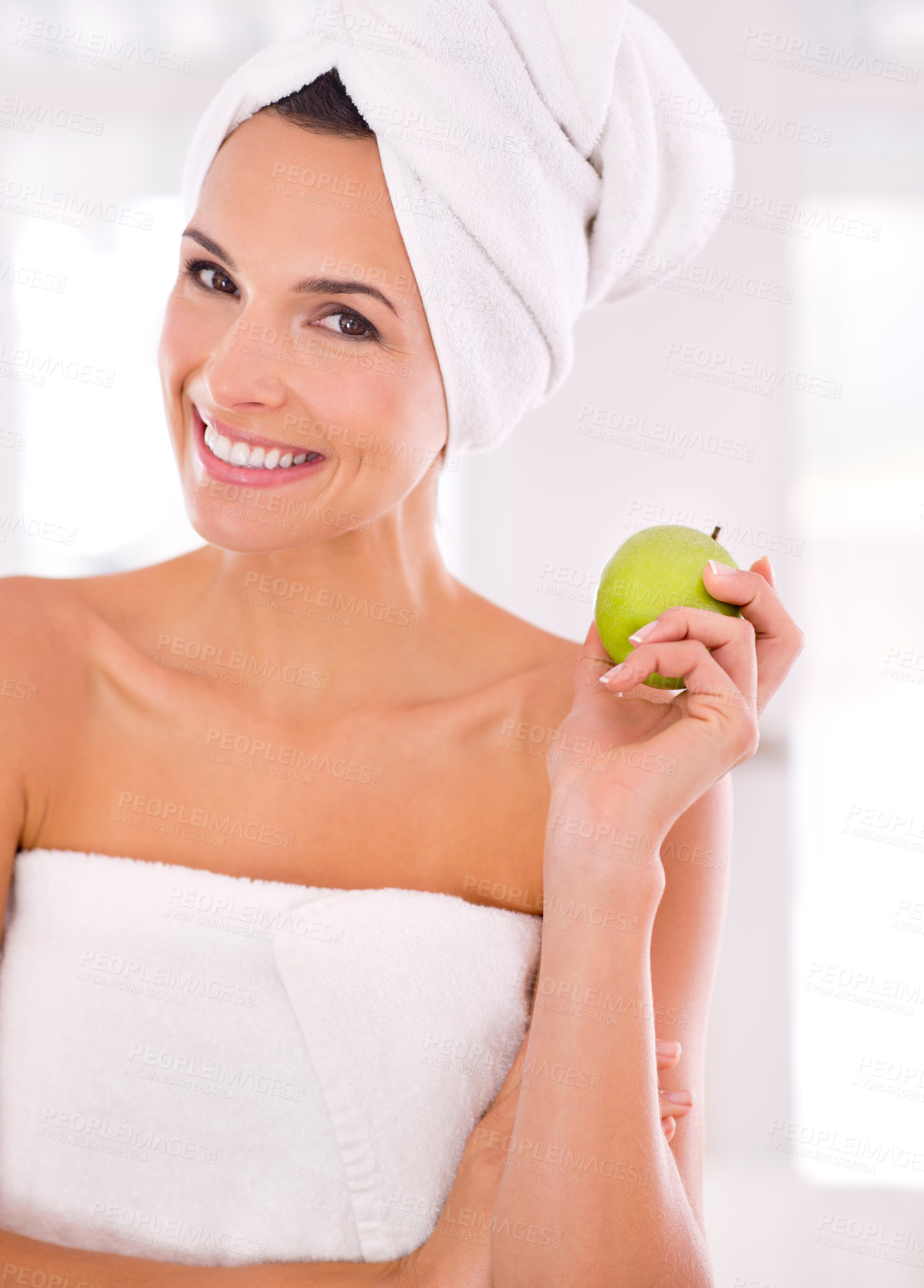 Buy stock photo Happy woman, portrait and skincare with apple for nutrition, diet or healthy vitamins at home. Face of female person or model with smile and organic green fruit for natural sustainability or wellness