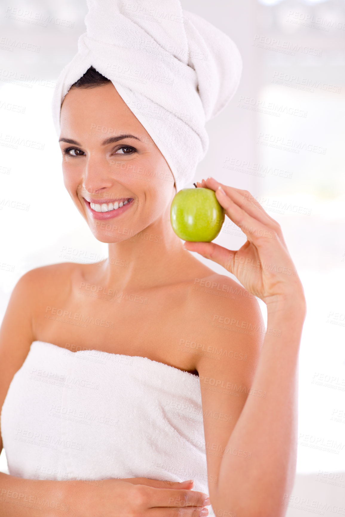 Buy stock photo Happy woman, portrait and beauty with apple for nutrition, diet or healthy vitamins at home. Face of young female person or model with smile and organic green fruit for natural skincare or wellness