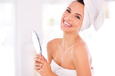 Buy stock photo Happy woman, portrait and mirror with beauty for hygiene, skincare or spa treatment at home. Female person or model with smile in satisfaction for reflection, perfect skin or facial in dermatology