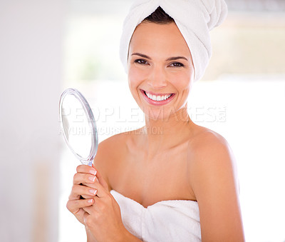 Buy stock photo Happy woman, portrait and mirror with makeup in beauty for hygiene, skincare or facial treatment at home. Female person or model smile in satisfaction for reflection, perfect skin or spa dermatology