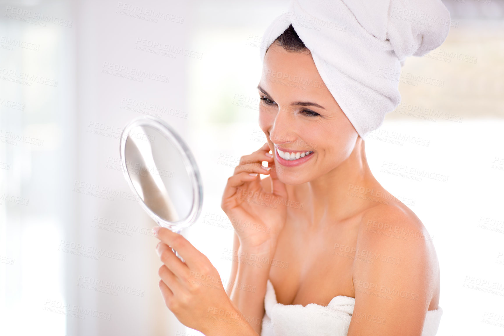 Buy stock photo Skincare, results and happy woman with mirror in home with shine, beauty and luxury skin treatment. Dermatology, smile or face of person in apartment with natural makeup cosmetics, wellness or glow