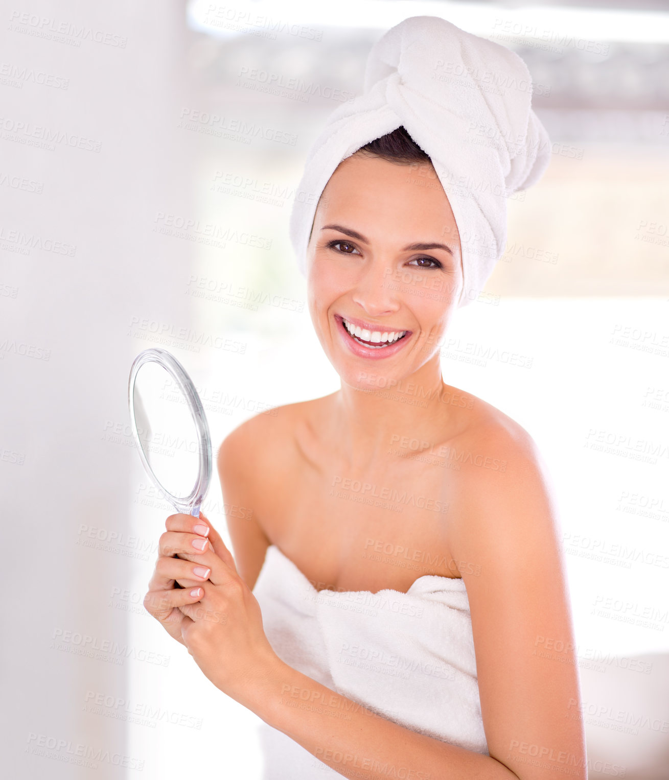 Buy stock photo Skincare, portrait and happy woman with mirror in home with shine, beauty and luxury skin treatment. Dermatology results, smile or face of person in apartment with natural cosmetics, wellness or glow
