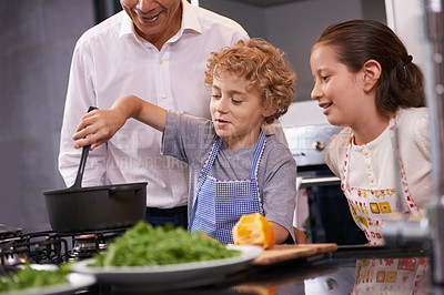 Buy stock photo Food, father or happy kids learning cooking skills for a healthy dinner with green vegetables at home. Kids learning, helping dad or young siblings mixing meal pot for diet in kitchen with parent