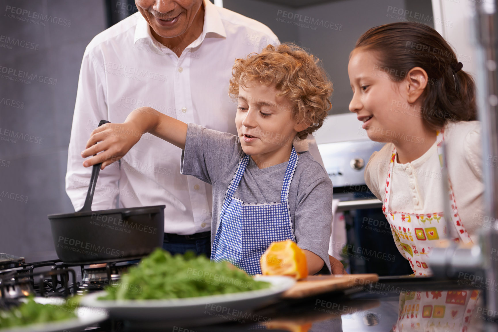 Buy stock photo Food, father or happy kids learning cooking skills for a healthy dinner with green vegetables at home. Kids learning, helping dad or young siblings mixing meal pot for diet in kitchen with parent