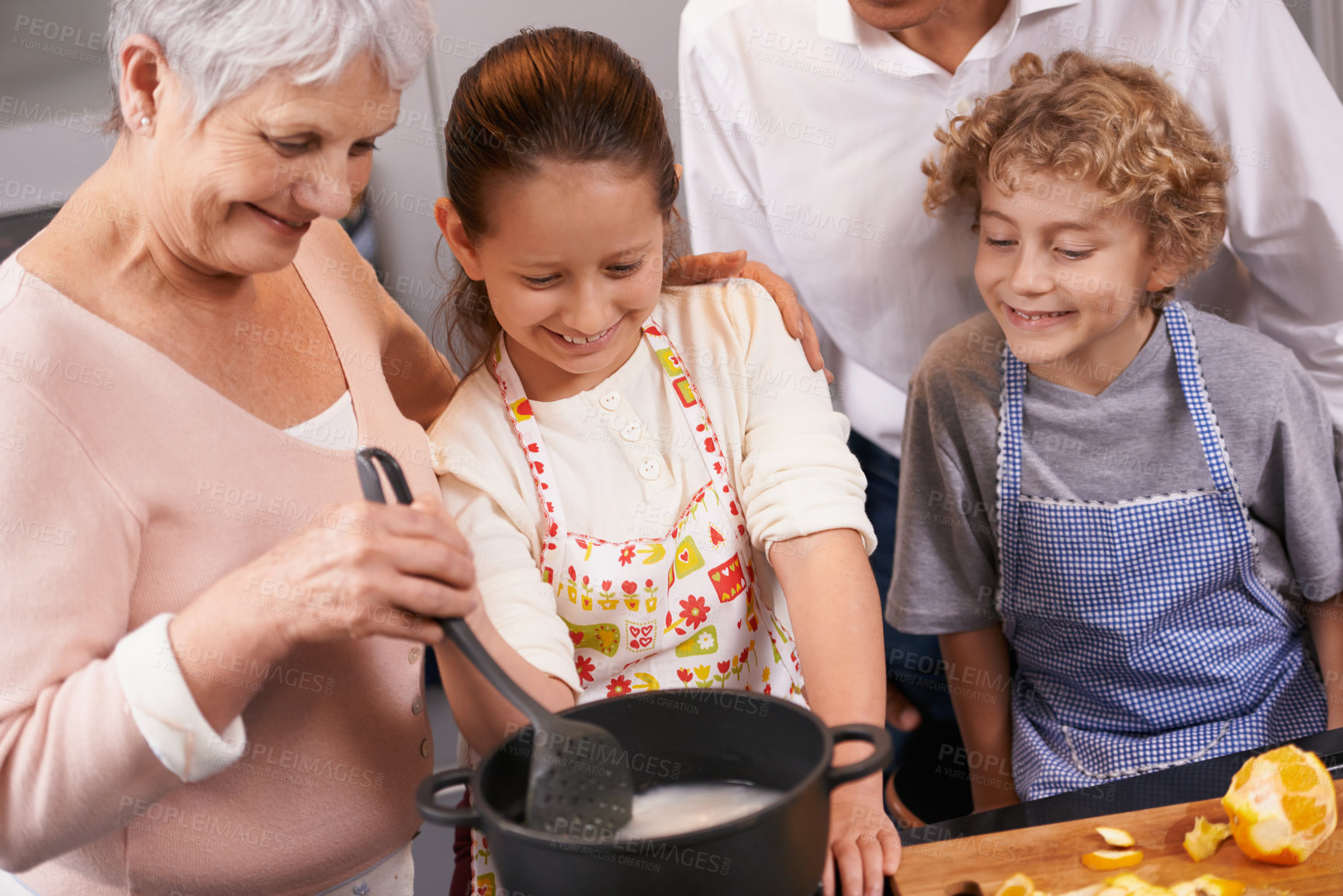 Buy stock photo Pot, grandparents or happy kids learning cooking skills for a healthy dinner with fruit or vegetables at home. Teaching, child development or grandmother with old man or food nutrition in kitchen 