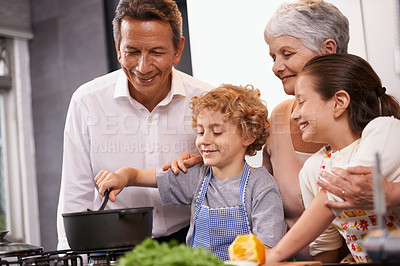 Buy stock photo Pot, happy kids or grandparents teaching cooking skills for a healthy dinner with vegetables diet at home. Learning, children siblings helping or grandmother with old man or food nutrition in kitchen