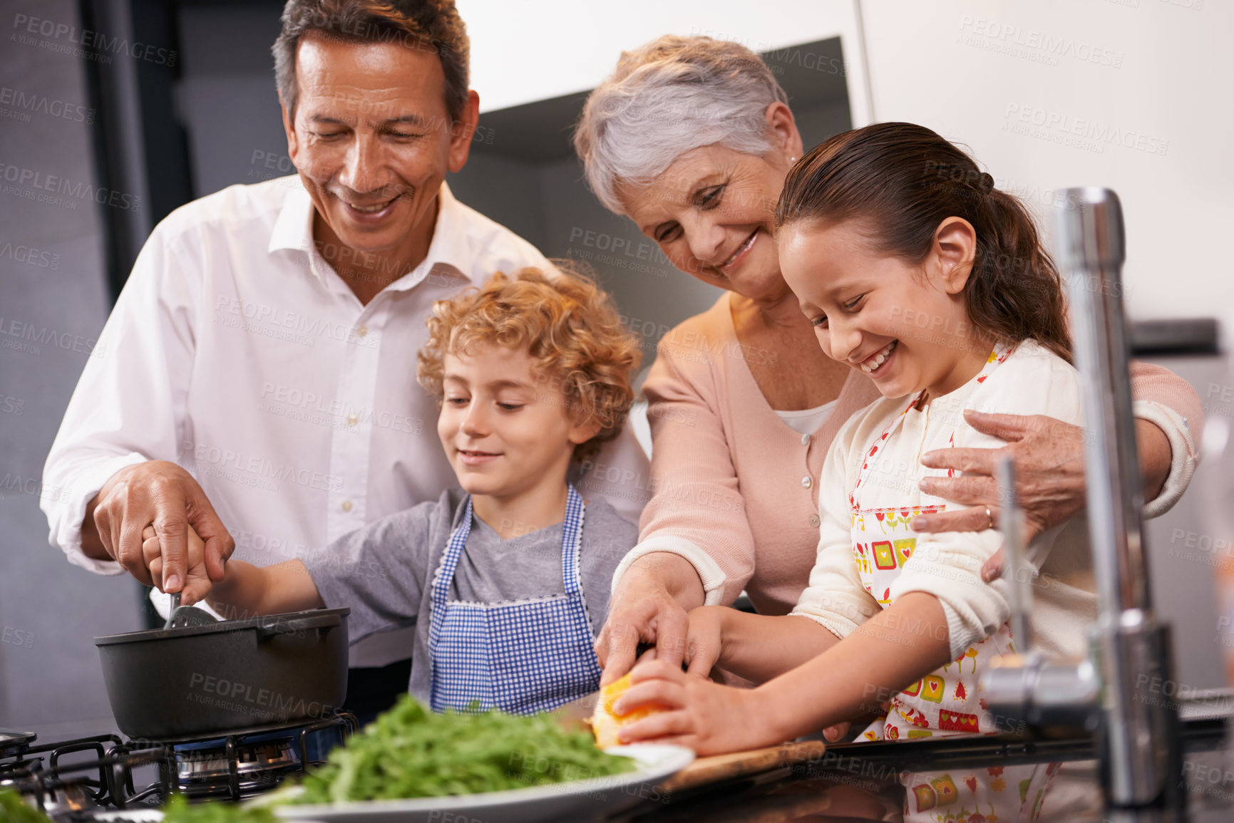Buy stock photo Help, happy kids or grandparents teaching cooking skills for a healthy dinner with vegetables diet at home. Learning, children siblings helping or grandmother with old man or food meal in kitchen