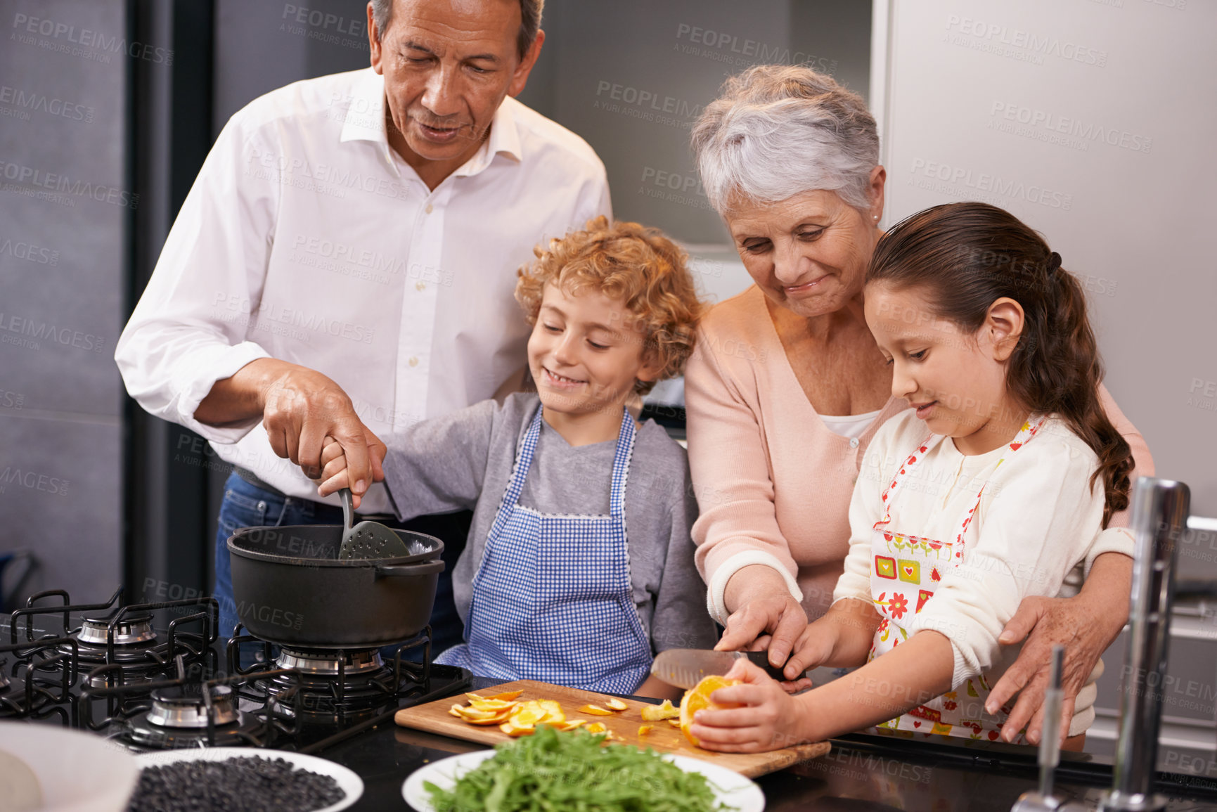 Buy stock photo Help, happy children or grandparents teaching cooking skills for a healthy dinner with vegetables diet at home. Learning, kids siblings helping or grandmother with old man or food meal in kitchen