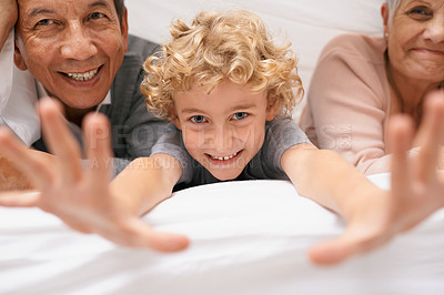 Buy stock photo Portrait, grandparents or boy playing in bedroom to relax together for bonding in Australia with love or care. Morning, faces or happy grandmother with funny kid or old man to enjoy quality bed time 