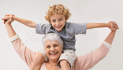 Buy stock photo Portrait, piggyback or grandmother with a happy child or smile hugging with love in family home. Elderly grandma, boy or fun old woman relaxing, bonding or playing together in retirement on holiday