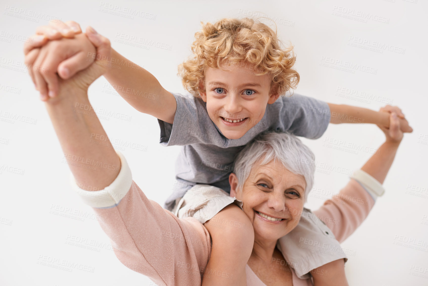 Buy stock photo Portrait, piggyback or grandma with a happy child or smile hugging with love in family home. Elderly grandmother, boy or fun old woman relaxing, bonding or playing together in retirement on holiday