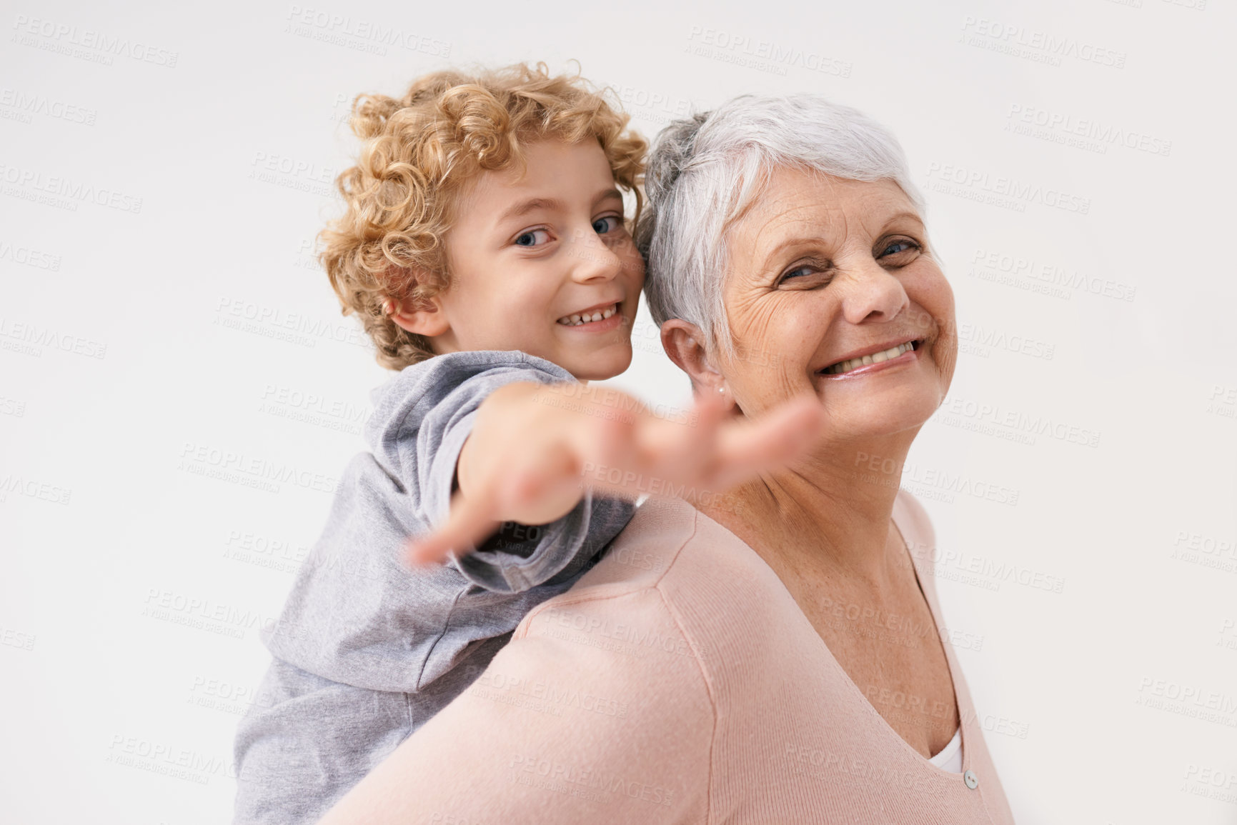 Buy stock photo Portrait, piggyback or happy grandma with a playful child or smile hugging or smiling with love as a family together. Hand, boy or fun elderly grandmother relaxing, bonding or playing in retirement