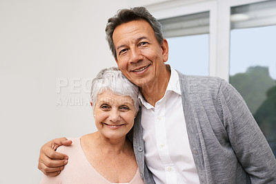 Buy stock photo Hug, senior or portrait of happy couple in home for bonding together with support, love or smile. Retirement, people or romantic mature man with an elderly woman for trust, peace or care in marriage