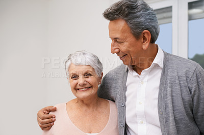 Buy stock photo Love, senior or happy couple hug in backyard at home for bonding together with support, pride or smile. Retirement, people or romantic man with an elderly woman for trust, peace or care in marriage