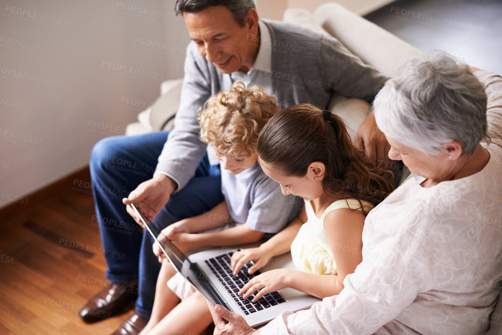 Buy stock photo Grandparents, laptop or children typing, learning how to type or playing online game in family home together. Education, child development or kids siblings on computer with grandmother or grandfather