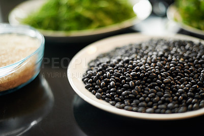 Buy stock photo Black beans, food and lunch with closeup of Mediterranean cooking, vegan and nutrition for diet. Health, green and dish at a restaurant or diner with organic, salad and appetizer for Mexican dinner
