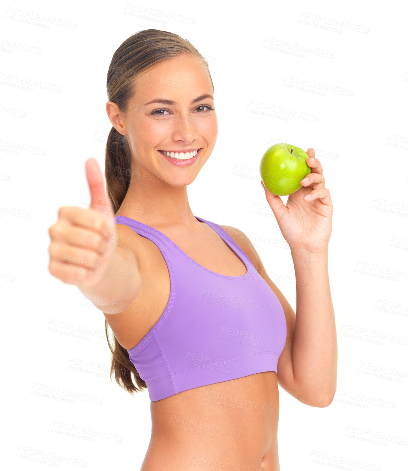 Buy stock photo Apple, thumbs up and fitness of woman in studio isolated on white background. Face, portrait and female model with hand gesture and fruit for healthy diet, wellness or nutrition, vitamins or minerals