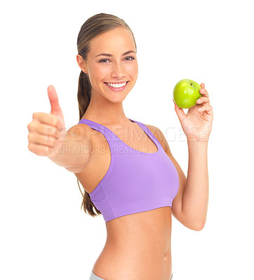 Buy stock photo Woman, apple and thumbs up in studio portrait for health, nutrition or wellness by white background. Isolated model, healthy fruit or smile for diet goal, vitamin c or natural detox for strong body
