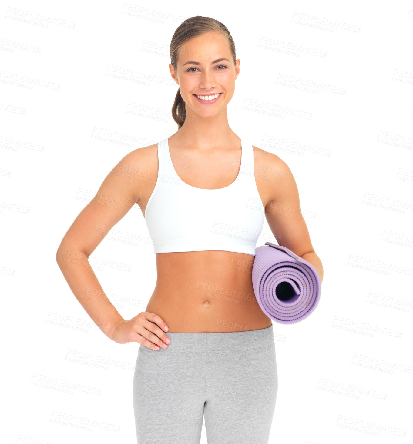 Buy stock photo Portrait, yoga and fitness with a woman in studio isolated on a white background for a workout or exercise. Gym, training and wellness with a female athlete or yogi carrying a mat for balance
