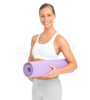 Buy stock photo Woman, studio portrait and holding yoga mat with smile, happiness and white background for exercise. Isolated model, yoga or pilates training with mindfulness, health and fitness for strong body