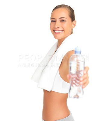 Buy stock photo Fitness woman giving water bottle in studio for health, wellness and training motivation or offer. Liquid. nutrition and sports athlete mockup with hand holding product isolated on white background
