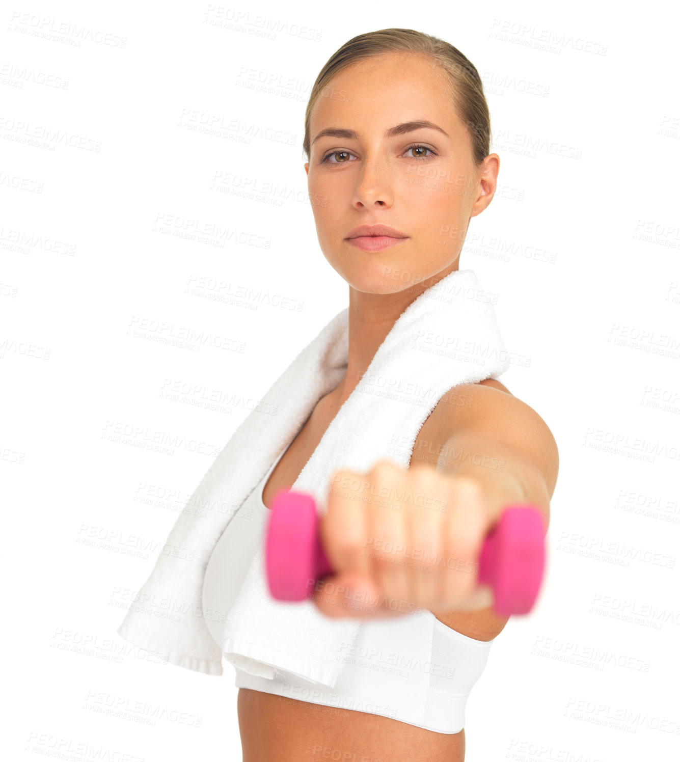 Buy stock photo Studio portrait, woman and hand with dumbbell, focus and workout for goals, health and white background. Isolated model, weightlifting and mindset for healthy training, wellness and strong body