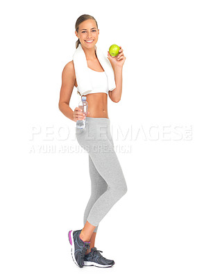 Buy stock photo Woman, apple and bottle water in diet planning, healthy eating or weight loss against a white studio background. Portrait of isolated young female holding fruit or liquid for organic food or vitamins
