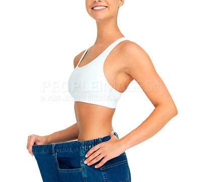 Buy stock photo Health, weight loss and diet, woman with jeans and tummy tuck with skinny waist, cropped and isolated on white background. Fitness, healthcare and wellness, girl with slim figure and shrinking pants.