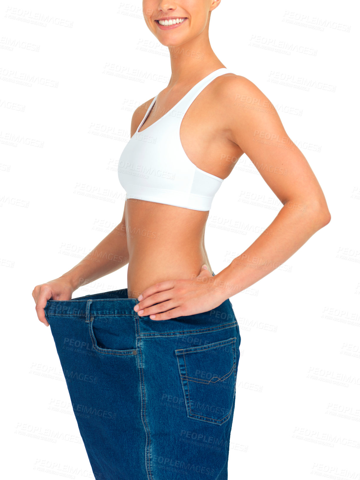 Buy stock photo Health, weight loss and woman with jeans and tummy tuck with skinny waist, cropped and isolated on white background. Fitness, healthcare and wellness, girl with slim figure after liposuction or diet.
