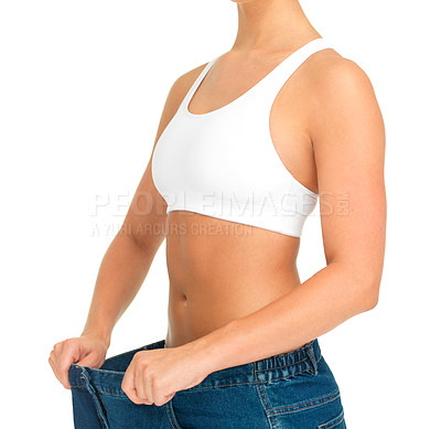Buy stock photo Diet, weightloss and woman holding jeans with thin waist, cropped and isolated on white background. Fitness, health and wellness, girl with slim figure and weight loss after liposuction progress.