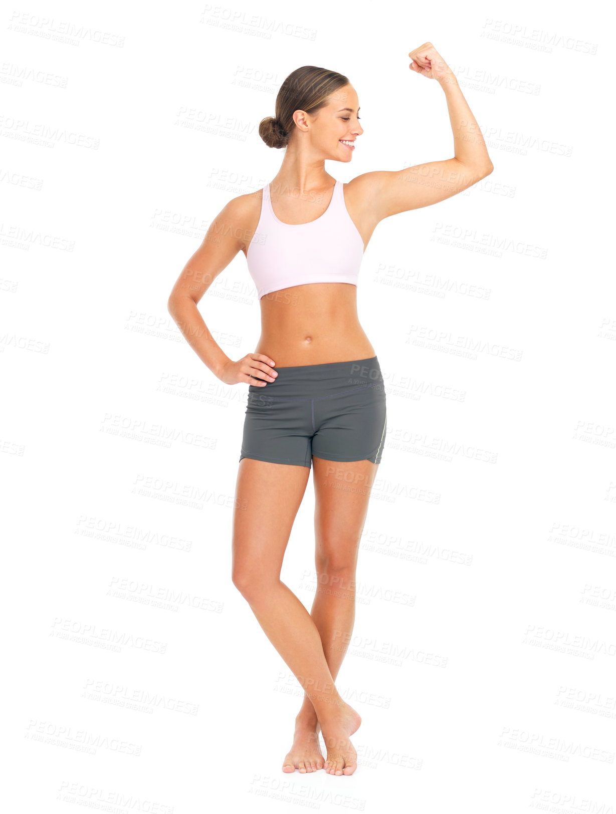 Buy stock photo Sports, fitness and woman with arm muscle in studio isolated on a white background mockup. Strong, power and female model, athlete or body builder flexing bicep after training, workout or exercise