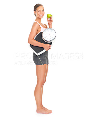 Buy stock photo Lose weight, fitness and woman, scale and apple for nutrition and weight loss, body care portrait isolated on white background. Fruit, exercise and wellness, health mockup and healthy diet motivation