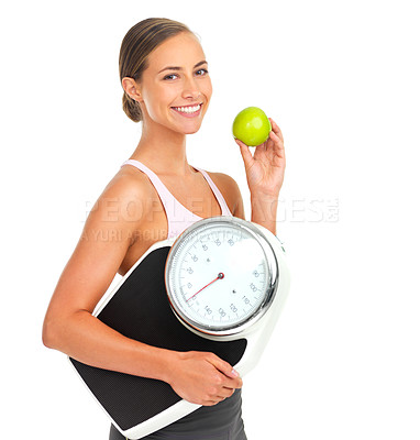Buy stock photo Health, fitness and woman with scale and apple for nutrition, weight loss and body care portrait isolated on white background. Food, exercise and wellness, weight and fruit, healthy diet motivation